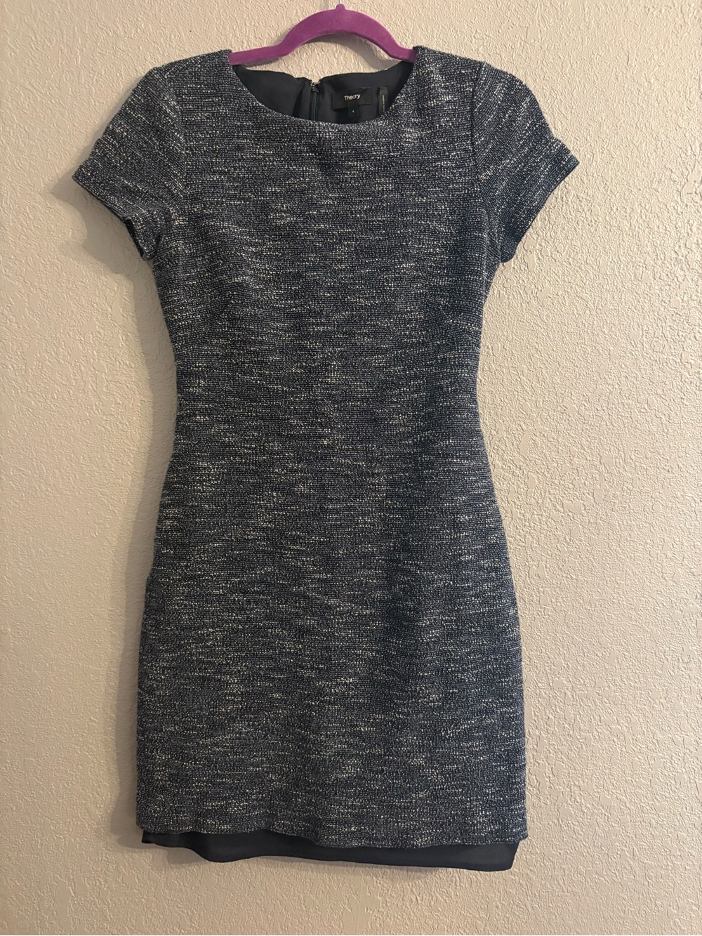 Theory Heathered Navy Short-Sleeve Sheath Dress